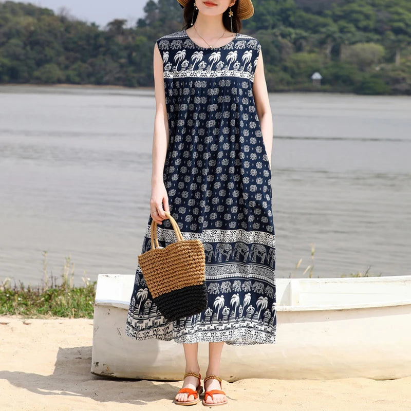 New Fashion Casual Vintage Summer Dress For Women 2025 Loose Dresses  Sleeveless O-neck Women Clothing