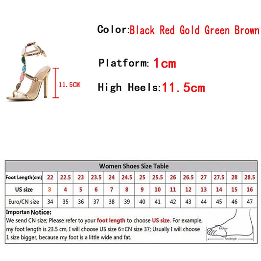 Liyke Designer High Heels Women Sexy 11.5CM Stiletto Sandals Fashion Bohemian Colour Gem Strap Open Toe Wedding Banquet Shoes