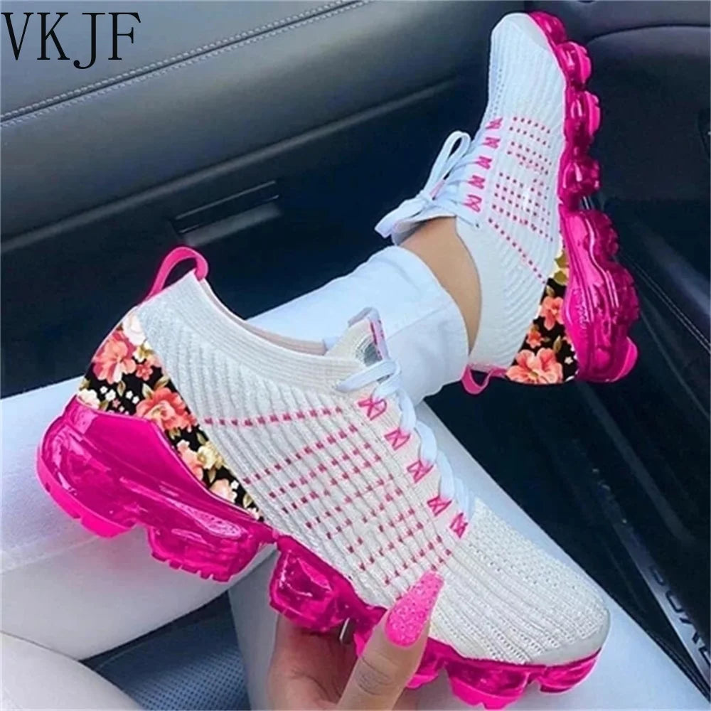 2024 New Sneakers Women Spring Fashion Knitted Fabric Floral Lace Up Ladies Casual Shoes Larged-Size Flats Running Sport Shoes