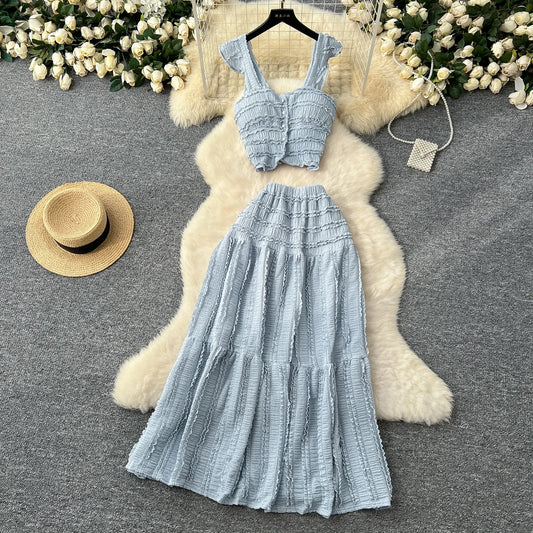 2025 Summer Casual Beach Style 2pcs Suits Single Breasted Mini Camisole+Elastic Waist A Line Fold Slim Skirt Gentle Women Sets