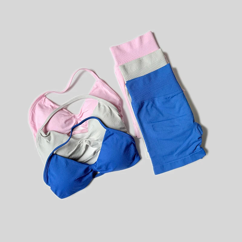 Women Solid Fitness Gym Bike Yoga Set High Waist Peach Short Legging Halter Neck Sport Bra 2pc Tracksuit Athletic Gym Suit