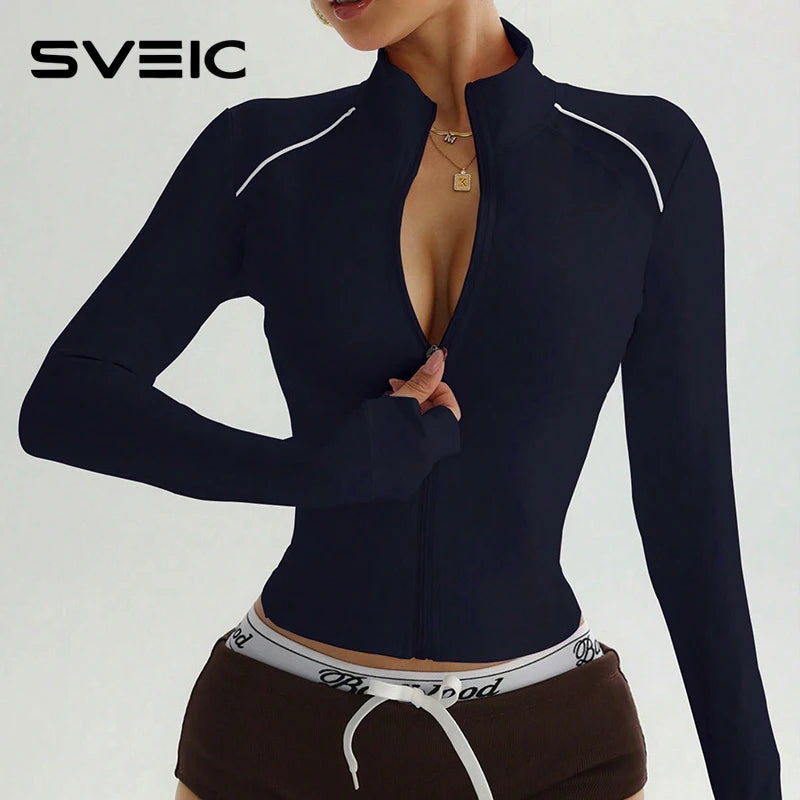 SVEIC Yoga Long Sleeve Jackets Sport Top Zipper Contrast Color Running Workout Training Fitness Sportwear Coat Gym Woman Clothes