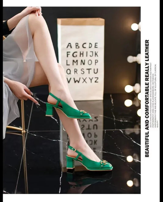 Women's Mid-heel 5.5CM 2024 Summer French Style Back Empty Female Thick Heel Square Toe Shoes Black Green