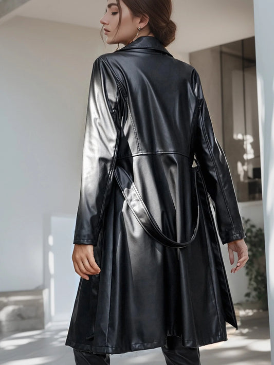 PU Leather Lapel Long Sleeve Coat, Belted Casual Outerwear For Fall & Spring, Women's Clothing