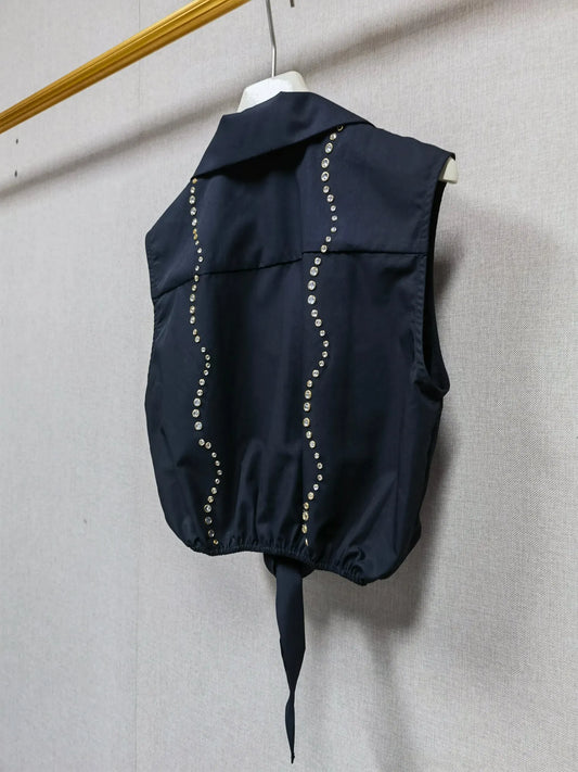 Skirt Sets Water Corrugated Diamond Trim Set Sleeveless Knotted Waist Top Elastic Waist Skirt Spring and Summer New Style