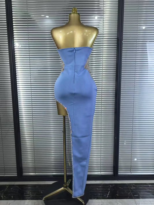 Women Sexy Strapless Shinning Crystal High Split Bodycon Bandage Long Dress Celebrate Evening Party Birthday Outfit Vestido