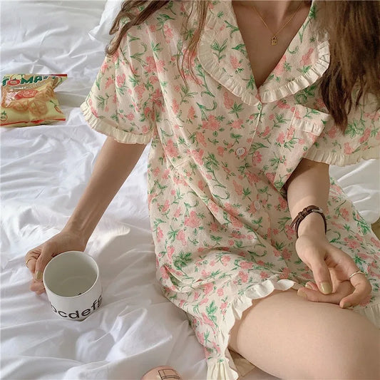 Floral Women Pajamas Sleepwear Shorts Sets Korean Style Pijama Loungewear Cute Summer Two Piece Set Ruffle Night Wear Home Suit