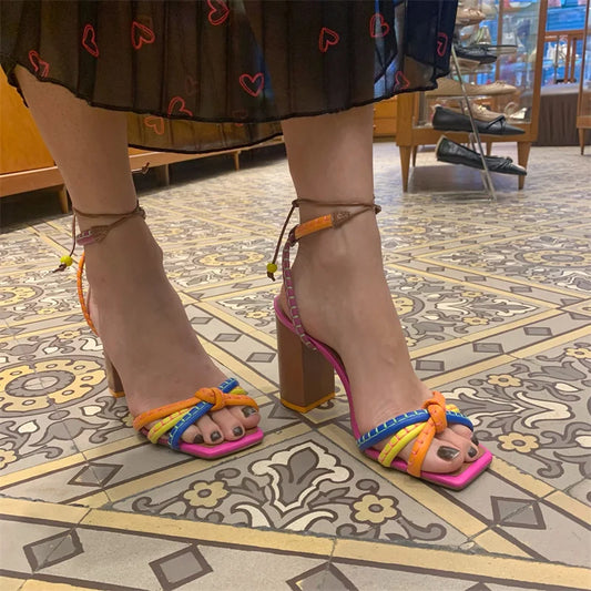 Brazil Fashion Luxury Twist Woven Sandals Color Blocking Designer Brand Women's Shoes Thick with High Heel Sandals Female Casual