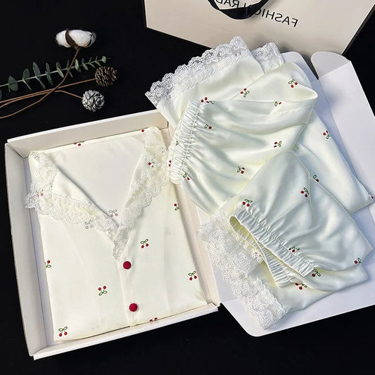 Pajamas Female Summer Thin Section Ice Silk Three-Piece Suit Net Red Can Be Worn Outside the Senior Sense of Ladies Homewear