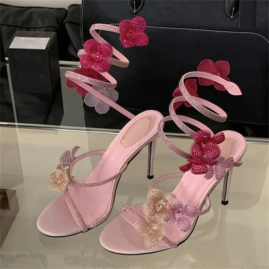 Aneikeh 2025 Summer Open Toe Ankle Strap Female Sandals Shoes Street Style CRYSTAL Narrow Band Thin High Heels Women Sandals