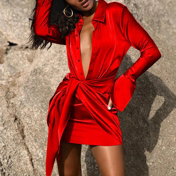 2023 Elastic Elegant Single Breasted Dress Retro Lapel Satin Tight-fitting High Waist Wrap Hips Ruched Short Dress Sexy Clubwear