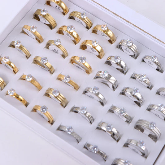 10/20/30/50Pcs/Lot Fashion Elegant Inlaid Stainless Steel Ring With Rhinestone High-end Women's Proposal Engagement Jewelry Gift
