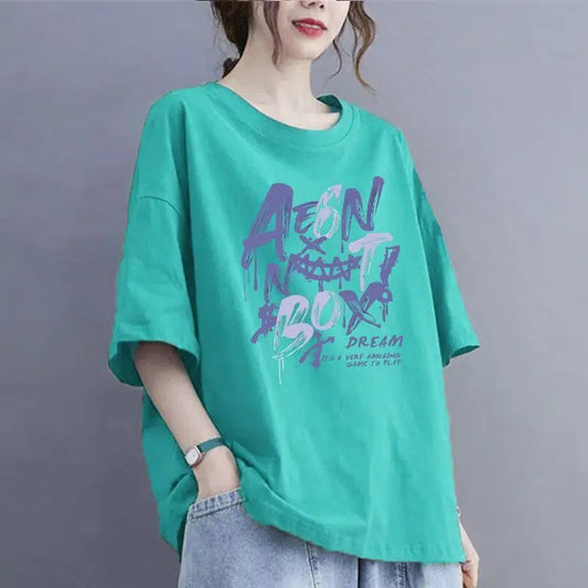 Ladies Casual Korean Printing O-neck Oversized Top Tee Summer All-match Letter Loose Cotton T-Shirt Women Clothing Pullover Tops