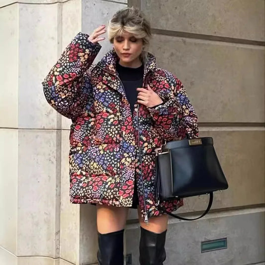 New Turtleneck Casual Coat Women Cotton Fashion Jacket Print Long Sleeve Zipper Thick Warm Women Jacket Retro Chic Clothes