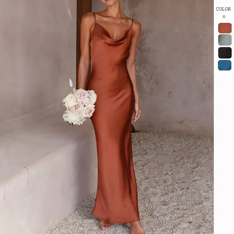 Chic Swing Neck Sexy Satin Dress Women 2025 Solid Color  Summer New Straps Slim Wedding Party Long Dresses Female Clothes