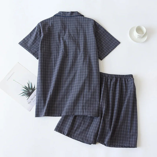 High Quality and Durable Men Cotton Pajama Set Single-Line Checkered Matching Loungewear Checkered Cardigan Shorts Sleepwear
