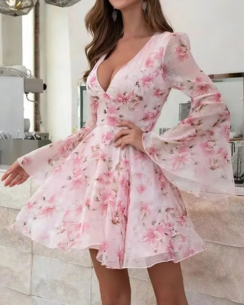Summer Dresses Women 2025 Sweet Floral Print Bell Sleeve Plunge Dress Sexy V Neck Party Female Dress for Girl Beautiful Clothes