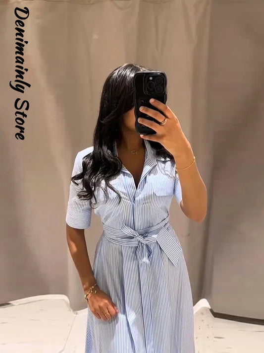Casual Striped Women Summer Dress Lapel Single Breasted Short Sleeve Slim Waist Long Dresses 2025 New Lady Fashion Vacation Robe