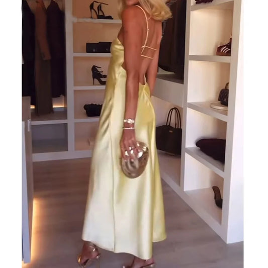 MUJER Yellow Satin Slip Dress Woman Sexy Backless Long Dresses for Women Strap Party Summer Dress Woman 2025 Beach Women's Dress