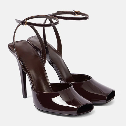 Summer Women High Heeled Peep Toe Shoes Sexy Ladies Ankle Buckle Patent Leather 10.5CM Thin Heels Pumps Woman's Party Sandals