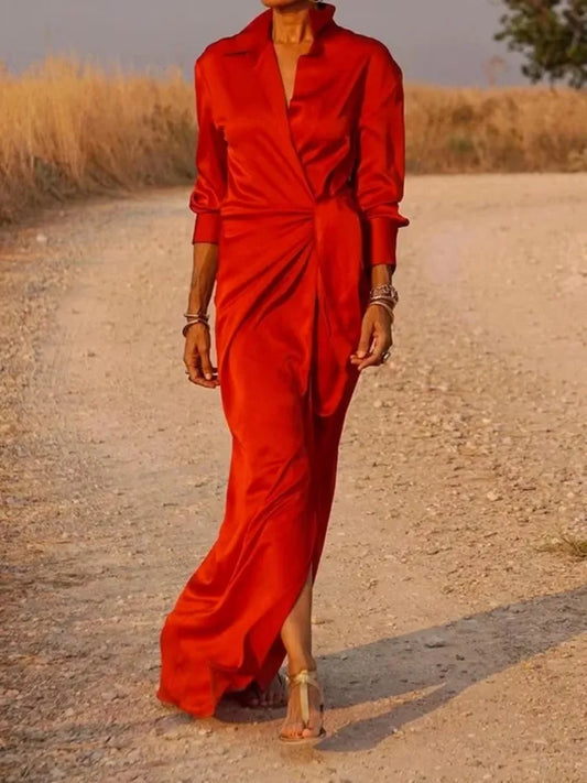 Yeezzi 2025 New Women's Solid Color Evening Maxi Dresses Long Sleeves Pleated Urban Office Lady Commute Lapel Elegant Dress