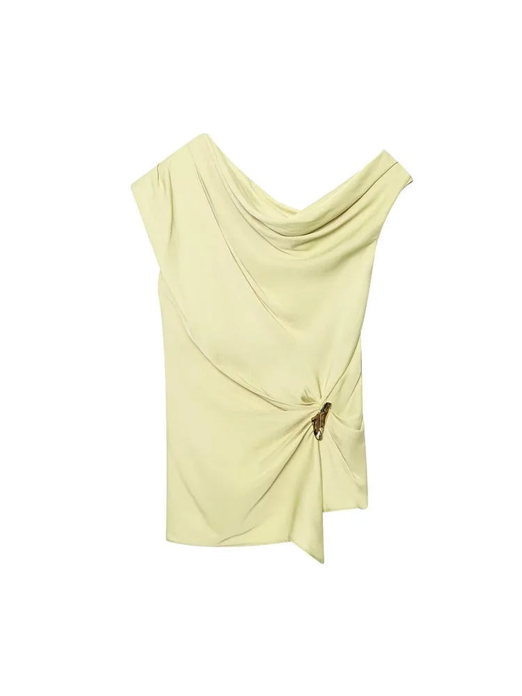 2025 Women Summer Camis Tank Tops Fashion Solid Pleated Asymmetric Satin Female Elegant Street Top Clothing