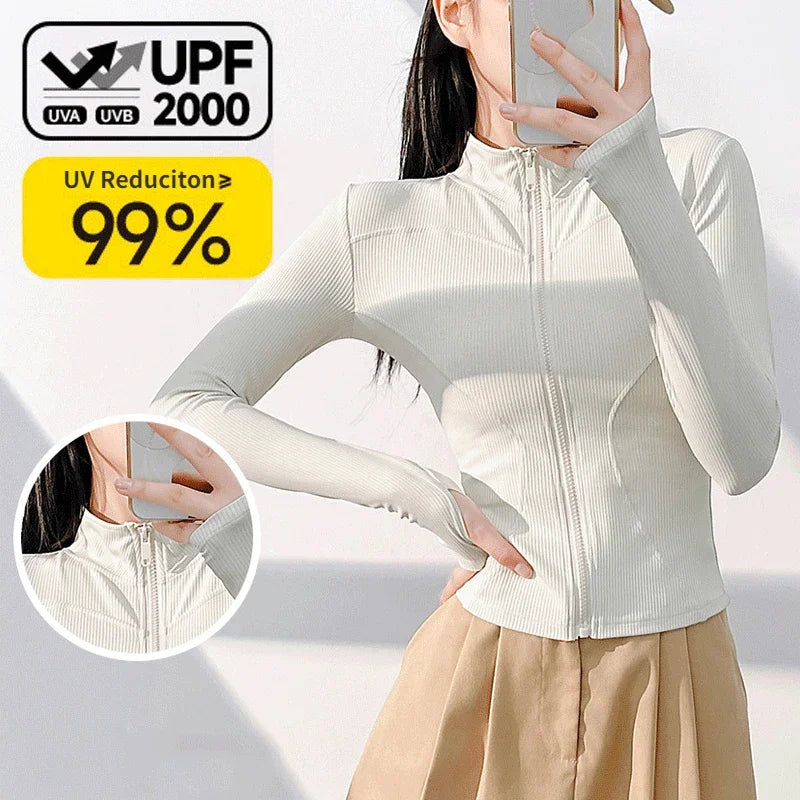 Summer Thin Glutinous Elastic Ribbed Sports Coat Outdoor Slim Fit Sunscreen Long-sleeved Running Zipper Yoga SunProtection Shirt
