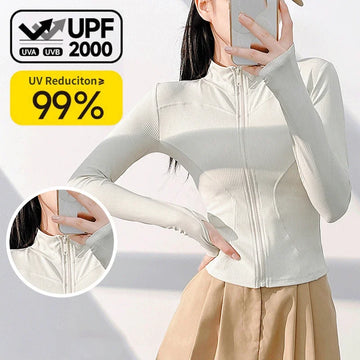 Summer Thin Glutinous Elastic Ribbed Sports Coat Outdoor Slim Fit Sunscreen Long-sleeved Running Zipper Yoga SunProtection Shirt