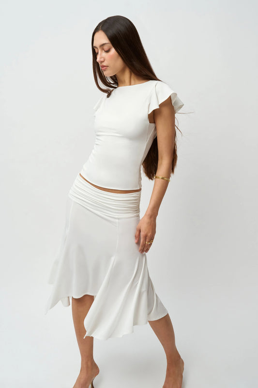 Guizio Pure White Single-Panel Backless Blouse with Frill Edges Short Sleeve Top
