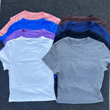 Solid color women's soft breathable yoga short-sleeved comprehensive training tight T-shirt with exposed belly button fitness sh