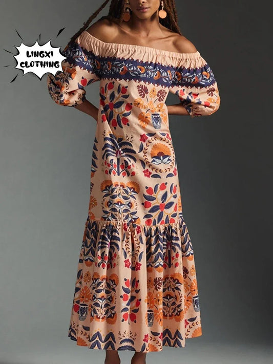 2024 Summer Fashion New Women's Retro Print Off Shoulder Loose Fitting Dress Bohemian Retro Elegant Wrapped Chest Long Dress