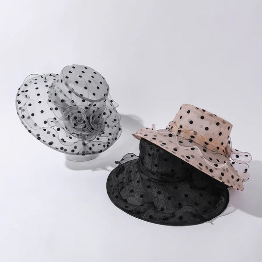 Unique Design Organza Sun Hats For Women Wide Brim  Classic Black Polka Dots Bucket Hat Ladies Foldable Breathable Beach Caps