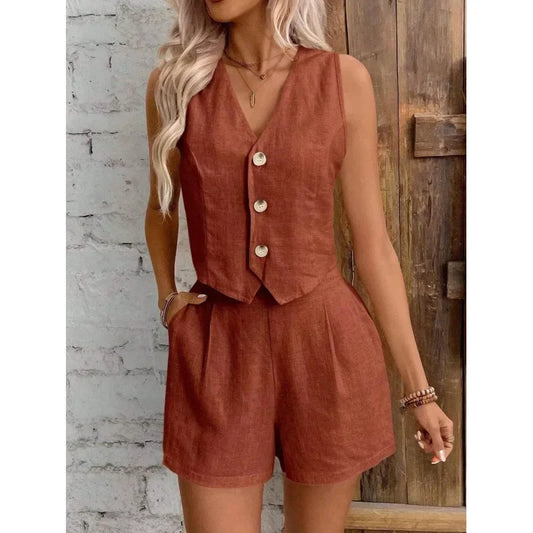 New Arrival Linen Summer Casual Commute Front Button Vest And Shorts Set V Neck Vest Autumn Clothing Women's Fashion Outfit