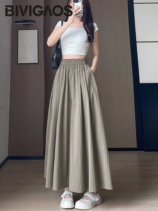 BIVIGAOS Spring Summer A-Line High Waist Pants Skirt Women Trend Fashion Japanese Culottes Casual Loose Ice Silk Wide Leg Pants