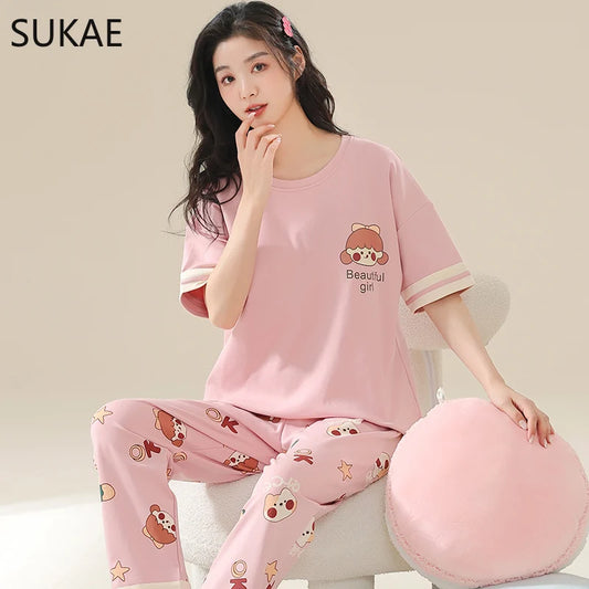 SUKAE Cotton Women's Pajama Short Sleeves Nightwear Summer Women Pajamas Set Plus Size M-5XL Sleepwear Korean Pijamas for Girl