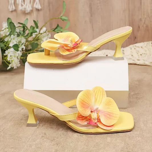 2025 3D Flower Flip Flops Women's Slippers Narrow Top Square Toe High-heeled Sandals Outdoor Party Shoes Pink Yellow White 35-43