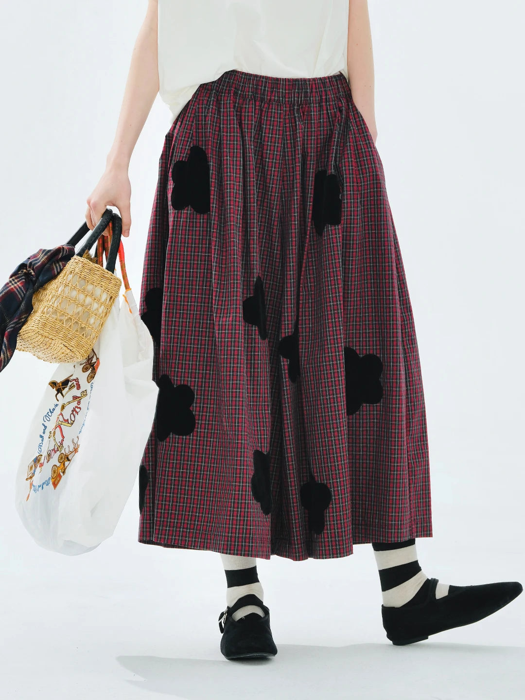 Red checkered dress pants original summer loose artistic three-dimensional lace dark grid women's pants