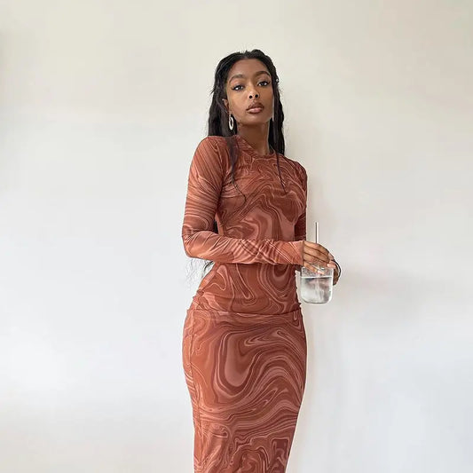 Long Sleeve Bodycon Dresses Women Evening Party Clothes O-neck Mid Calf Sexy Vestidoes De Mujer One Piece Outfits Streetwear