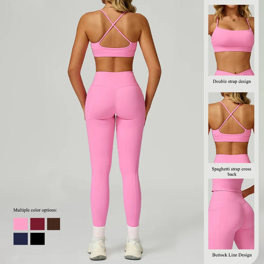 Hearuisavy 2 Pieces Sport Pants Set Gym Quick Drying Breathable Workout Top Push Up Running Yoga Bra High Waist Fitness Leggings