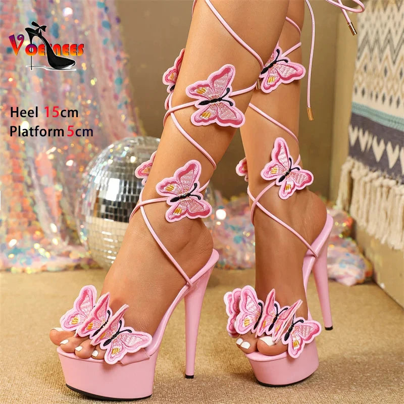 15CM Elegant Women Shoes 2024 New Pink Yellow Cross Strap Platform Sandals Handmade Embroidery Butterfly Open Toe High Heels