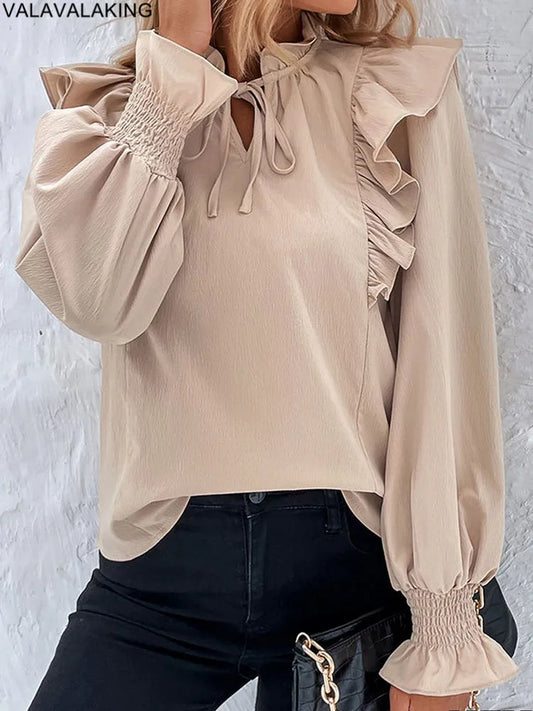 2025 Elegant Spring Female Solid Ruffle Shirt Women Casual Lantern Long Sleeve Top Autumn Office Lady Pullover Tops Clothes
