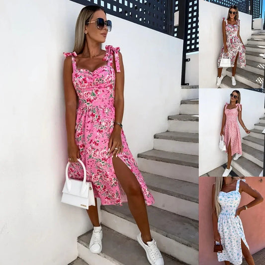 Women's Summer Fashion Vacation Casual Tie Dress Floral Printed Waist Split Sling Midi Dresses