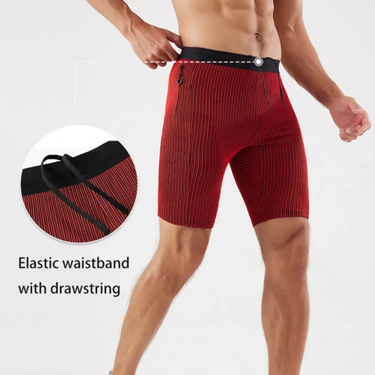Men Quick Dry Compression Marathon Running Shorts with Zipper Pockets Gym Workout Basketball Training Shorts Built-in Mesh Liner