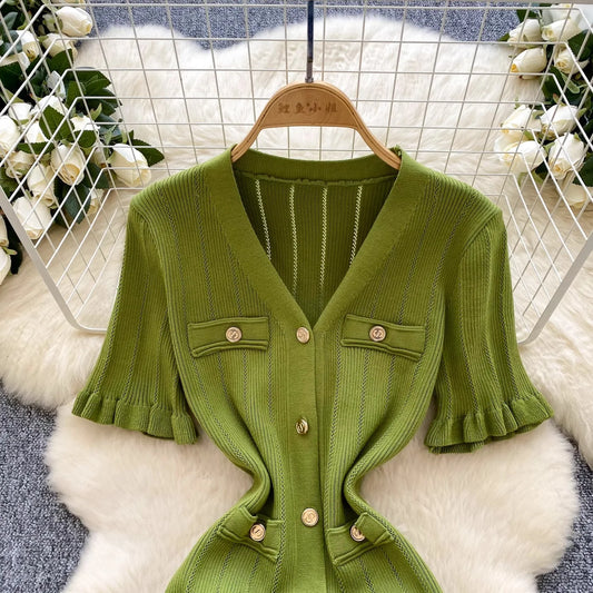 YuooMuoo Brand Fashion Vintage Knitted Long Dress Spring Summer Women Elegant V-neck Ruffled Bodycon Sweater Dress Party Vestido