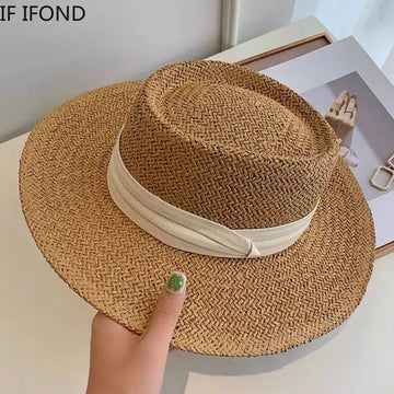 Spring Summer Breathable Straw Hats For Women Fashion Casual Fedora Hat Outdoor Concave Top Travel Hats Panama Beach Sun Hat