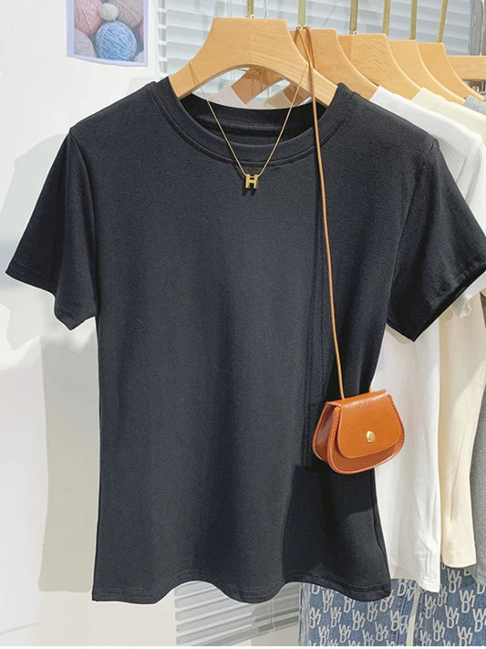 Short Sleeve T-Shirt For Women Korean Style Woman Clothing Summer Slim Basic Tops 2025 Cotton Tshirts O Neck Casual Tees Female