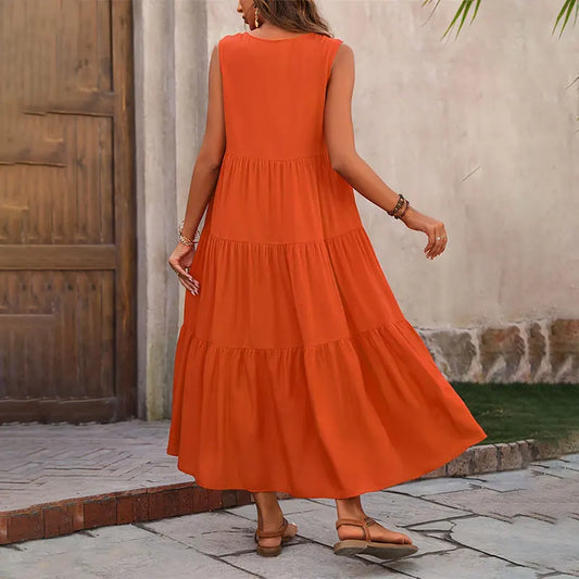 2024 Women Dress Summer Casual Brand Vacation Holiday Beach Long Dresses V-neck Loose Elegant Yellow Black RUFFLES Dress Femme