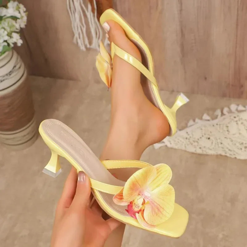 2025 3D Flower Flip Flops Women's Slippers Narrow Top Square Toe High-heeled Sandals Outdoor Party Shoes Pink Yellow White 35-43