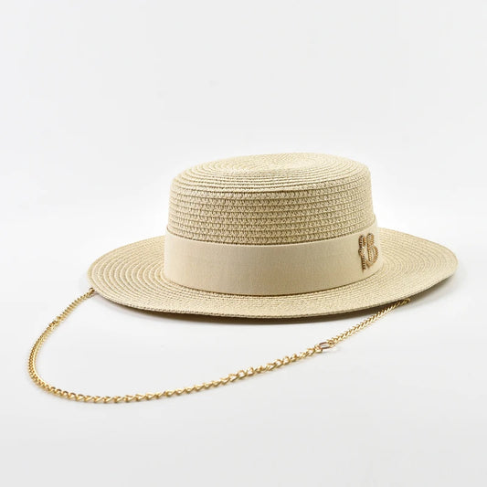 Summer Straw Hats for Women Elegant Ladies Party Dress Hats Fashion Metal Chain Sunshade Hat