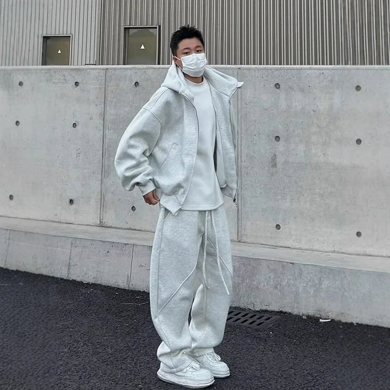 Sporty Casual Men's Two-Piece Set Hooded Jacket Wide Leg Sweatpants Trendy Lazy Style Sportswear from Mainland China